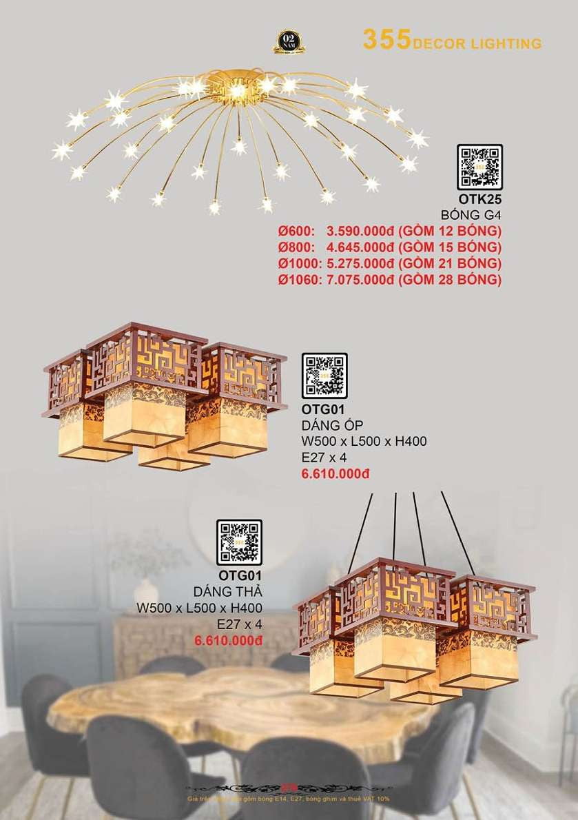 Đèn thả trần gỗ 355 Decor OTK25, OTG01