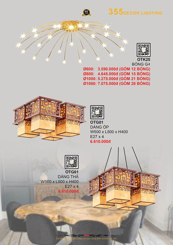 Đèn thả trần gỗ 355 Decor OTK25, OTG01