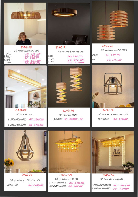 Đèn gỗ thả trần DAG-70, DAG-71, DAG-72, DAG-73, DAG-74, DAG-75, DAG-76, DAG-77S, DAG-77L