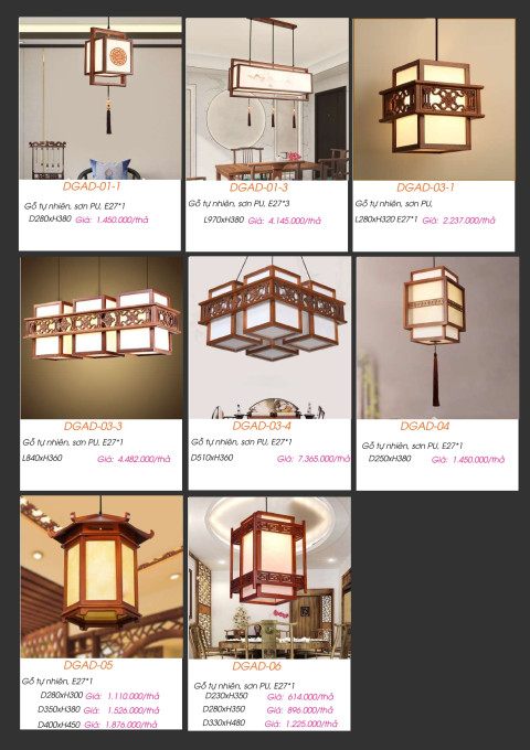 Đèn gỗ thả trần DGAD-01-1, DGAD-01-3, DGAD-03-1, DGAD-03-3, DGAD-03-4, DGAD-04, DGAD-05, DGAD-06