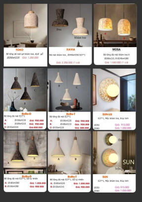 Đèn bê tông đá mài sợi khảm trai treo trần TOKO, XAVIA, MOSA, BeBe-D, BeBe-T, SUN-LG, BoBo-D, BoBo-T, SUN