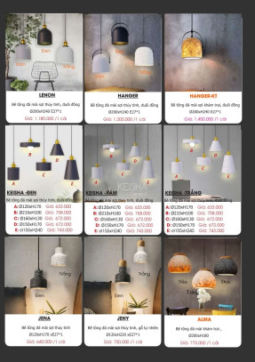 Đèn bê tông đá mài sợi thủy tinh treo trần LENON, HANGER, HANGER-KT, KEISHA-ĐEN, KEISHA-XÁM, KEISHA-TRẮNG, JENA, JENY, ALMA