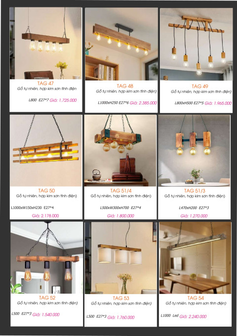 Đèn thả gỗ tự nhiên TAG 47, TAG 48, TAG 49, TAG 50, TAG 51/3, TAG 51/4, TAG 52, TAG 53, TAG 54