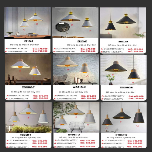 Đèn bê tông đá mài sợi thủy tinh treo trần ERIC-T, ERIC-X, ERIC-D, WORIC-T, WORIC-X, WORIC-D, RYDER-T, RYDER-X, RYDER-D
