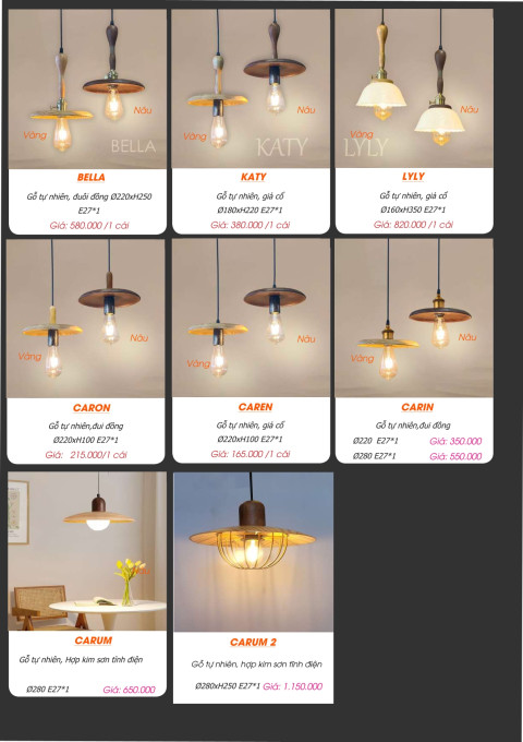 Đèn thả gỗ tự nhiên BELLA, KATY, LYLY, CARON, CAREN, CARIN, CARUM, CARUM 2