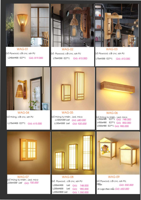 Đèn tường gỗ WAG-01, WAG-02, WAG-03, WAG-04, WAG-05, WAG-06, WAG-07, WAG-08, WAG-09
