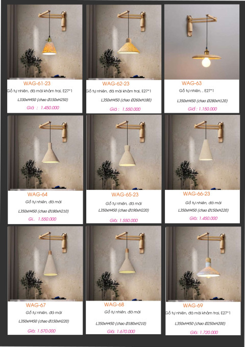 Đèn tường gỗ tự nhiên, đá mài khảm trai WAG-61-23, WAG-62-23, WAG-63, WAG-64, WAG-65-23, WAG-66-23, WAG-67, WAG-68, WAG-69