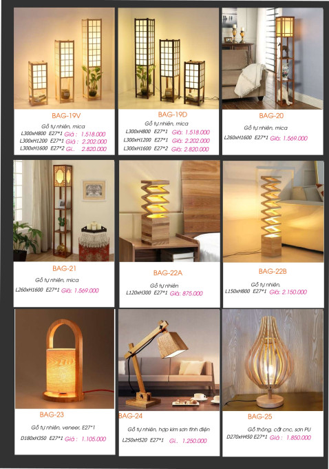Đèn bàn gỗ BAG-19V, BAG-19D, BAG-20, BAG-21, BAG-22A, BAG-22B, BAG-23, BAG-24, BAG-25