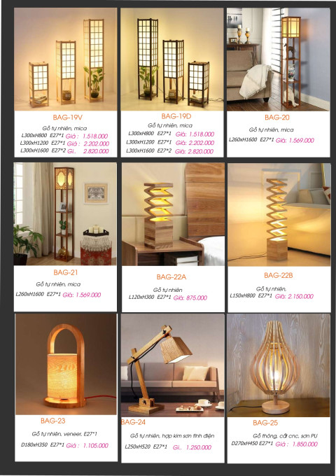 Đèn bàn gỗ BAG-19V, BAG-19D, BAG-20, BAG-21, BAG-22A, BAG-22B, BAG-23, BAG-24, BAG-25