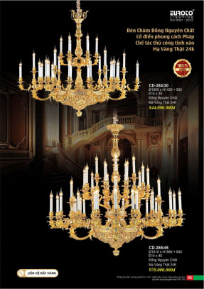 Đèn chùm đồng nguyên chất, chế tác thủ công tinh xảo, mạ vàng 24K Euroto CD-384/30, CD-385/45