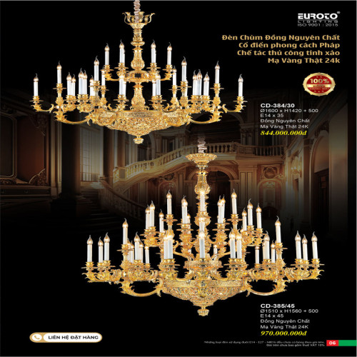 Đèn chùm đồng nguyên chất, chế tác thủ công tinh xảo, mạ vàng 24K Euroto CD-384/30, CD-385/45
