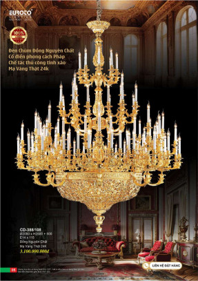 Đèn chùm đồng nguyên chất, chế tác thủ công tinh xảo, mạ vàng 24K Euroto CD-388/108