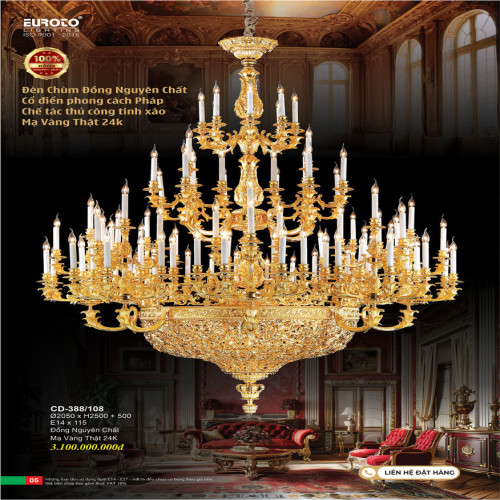 Đèn chùm đồng nguyên chất, chế tác thủ công tinh xảo, mạ vàng 24K Euroto CD-388/108