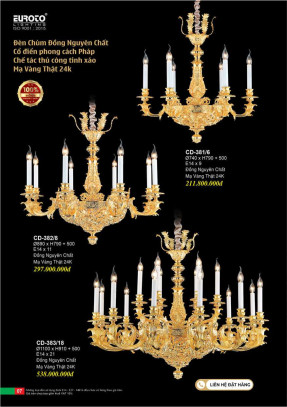 Đèn chùm đồng nguyên chất, chế tác thủ công tinh xảo, mạ vàng 24K Euroto CD-381/6, CD-382/8, CD-383/18