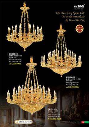 Đèn chùm đồng nguyên chất, chế tác thủ công tinh xảo, mạ vàng 24K Euroto CD-393/18, CD-394/35, CD-395/54