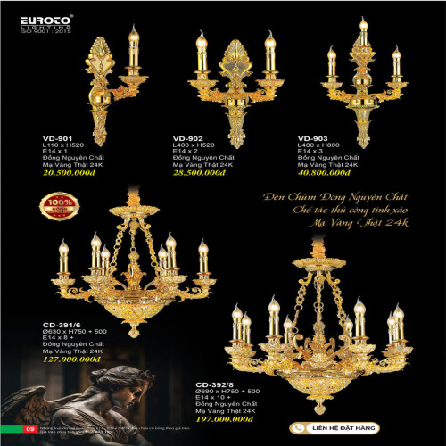 Đèn chùm đồng nguyên chất, chế tác thủ công tinh xảo, mạ vàng 24K Euroto CD-391/6, CD-392/8, VD-901, VD-902, VD-903