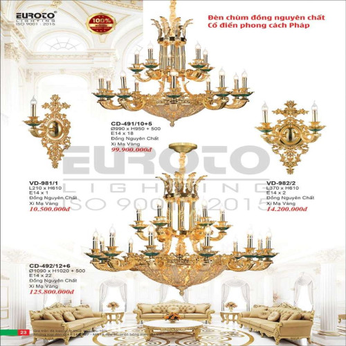 Đèn chùm đồng Euroto CD-491/10+5, CD-492/12+6, VD-981/1, VD-982/2