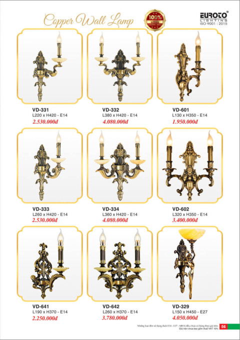 Đèn vách đồng Euroto VD-331, VD-332, VD-333, VD-334, VD-601, VD-602, VD-641, VD-642, VD-329