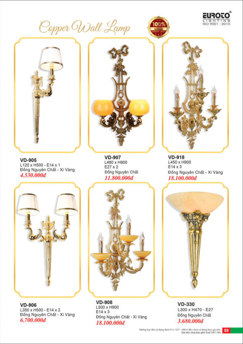 Đèn vách đồng Euroto VD-905, VD-906, VD-907, VD-908, VD-918, VD-330