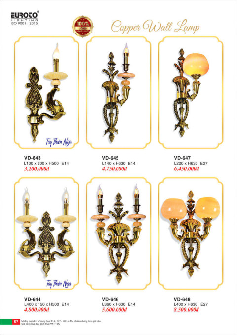 Đèn vách đồng Euroto VD-643, VD-644, VD-645, VD-646, VD-647, VD-648