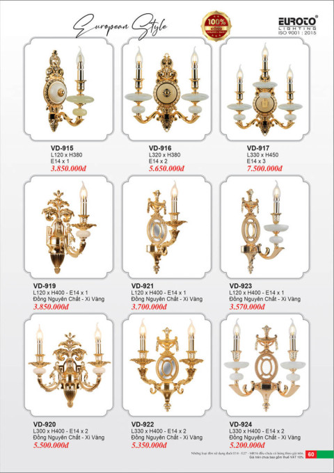 Đèn vách đồng Euroto VD-915, VD-916, VD-917, VD-919, VD-920, VD-921, VD-922, VD-923, VD-924