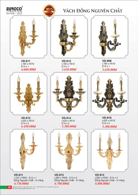 Đèn vách đồng Euroto VD-811, VD-812, VD-813, VD-814, VD-909, VD-910, VD-911, VD-912, VD-913