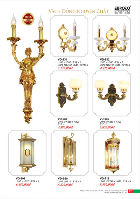 Đèn vách đồng Euroto VD-931, VD-932, VD-935, VD-936, VD-808, VD-650, VD-716
