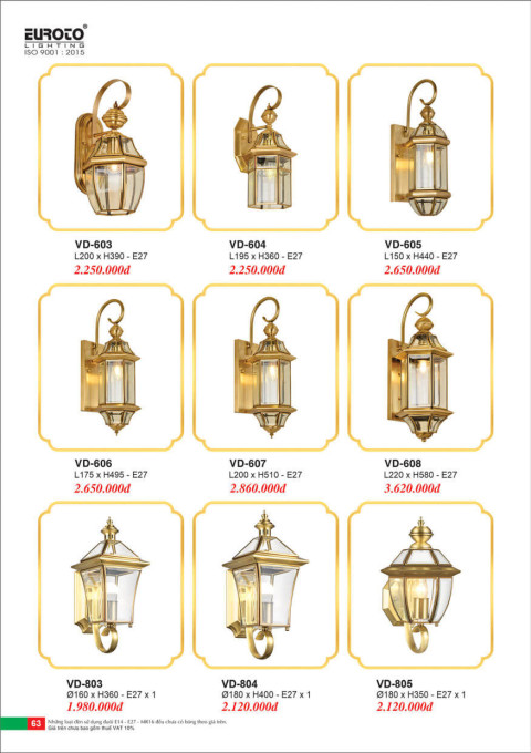 Đèn vách đồng Euroto VD-603, VD-604, VD-605, VD-606, VD-607, VD-608, VD-803, VD-804, VD-805
