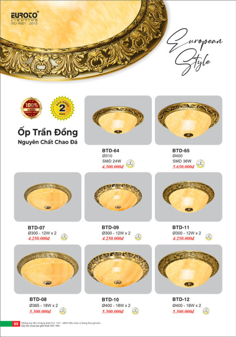Đèn ốp trần đồng Euroto BTD-64, BTD-65, BTD-07, BTD-08, BTD-09, BTD-10, BTD-11, BTD-12