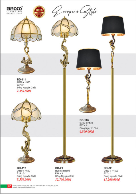 Đèn bàn đồng, đèn đứng đồng Euroto BD-111, BD-112, BD-113, DD-21, DD-22