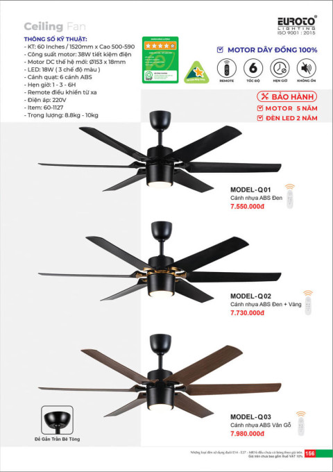 Quạt trần Euroto MODEL-Q01, MODEL-Q02, MODEL-Q03