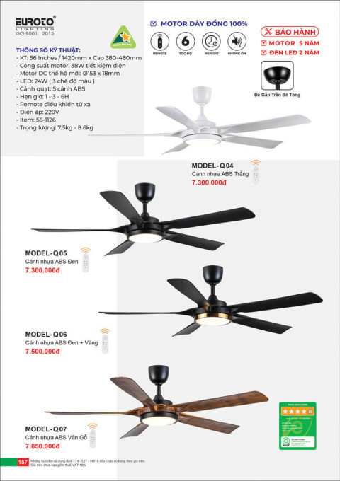Quạt trần Euroto MODEL-Q04, MODEL-Q05, MODEL-Q06, MODEL-Q07