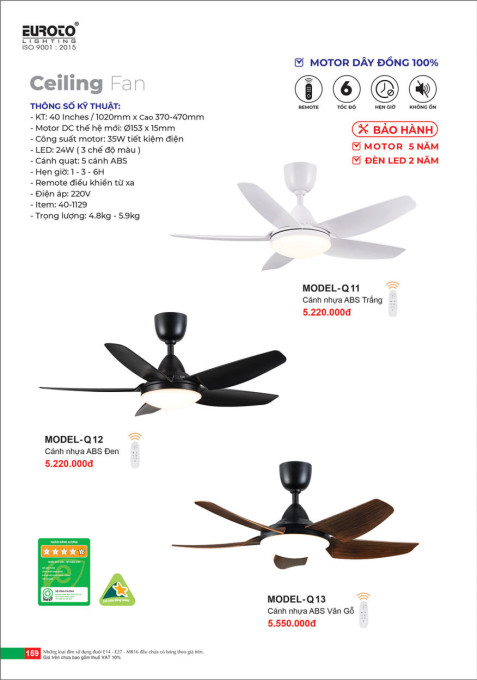 Quạt trần Euroto MODEL-Q11, MODEL-Q12, MODEL-Q13