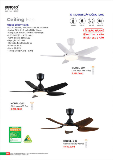 Quạt trần Euroto MODEL-Q11, MODEL-Q12, MODEL-Q13