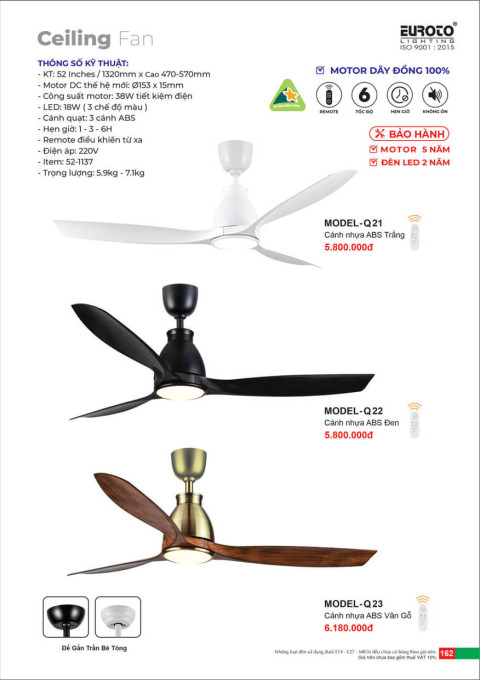 Quạt trần Euroto MODEL-Q21, MODEL-Q22, MODEL-Q23