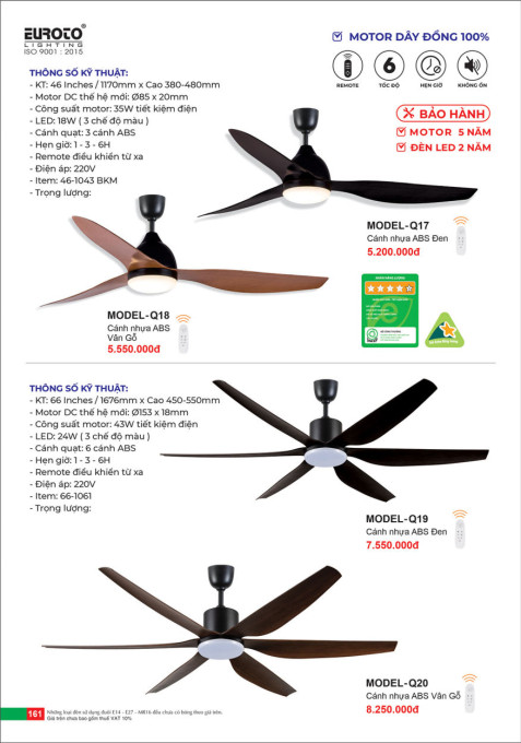 Quạt trần Euroto MODEL-Q17, MODEL-Q18, MODEL-Q19, MODEL-Q20