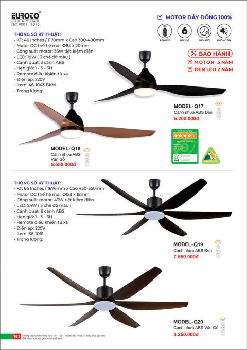 Quạt trần Euroto MODEL-Q17, MODEL-Q18, MODEL-Q19, MODEL-Q20