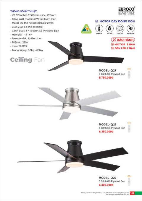 Quạt trần Euroto MODEL-Q27, MODEL-Q28, MODEL-Q29