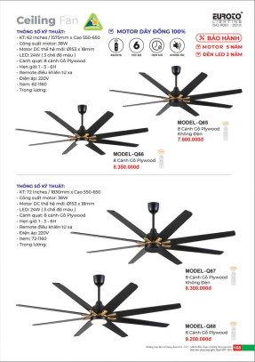 Quạt trần Euroto MODEL-Q65, MODEL-Q66, MODEL-Q67, MODEL-Q68