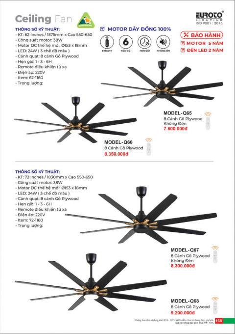 Quạt trần Euroto MODEL-Q65, MODEL-Q66, MODEL-Q67, MODEL-Q68