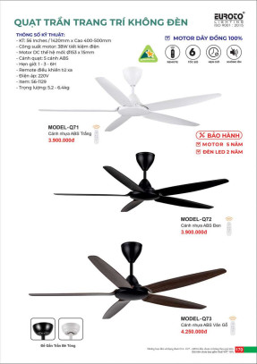 Quạt trần Euroto MODEL-Q71, MODEL-Q72, MODEL-Q73
