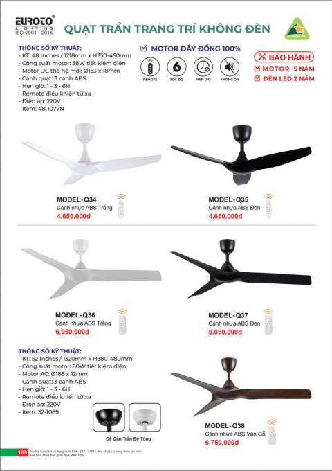 Quạt trần Euroto MODEL-Q34, MODEL-Q35, MODEL-Q36, MODEL-Q37, MODEL-Q38