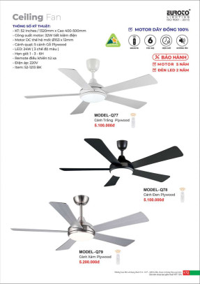 Quạt trần Euroto MODEL-Q77, MODEL-Q78, MODEL-Q79
