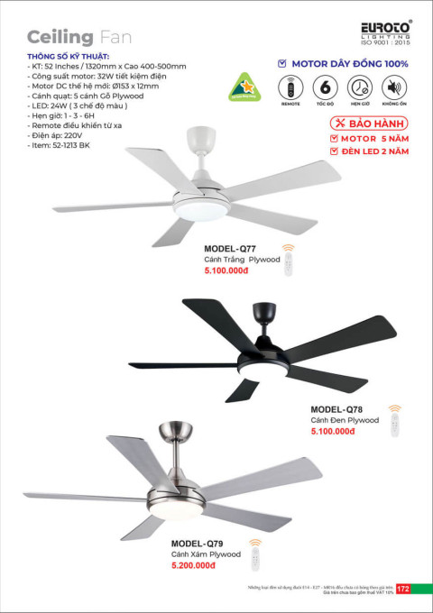 Quạt trần Euroto MODEL-Q77, MODEL-Q78, MODEL-Q79