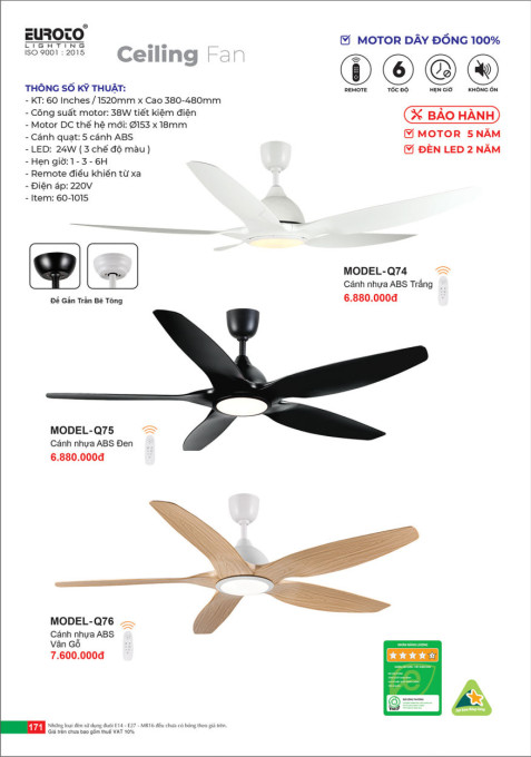 Quạt trần Euroto MODEL-Q74, MODEL-Q75, MODEL-Q76