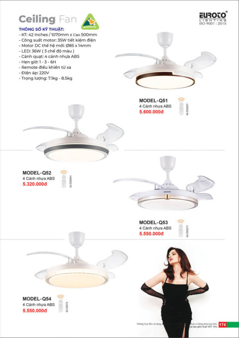 Quạt trần Euroto MODEL-Q51, MODEL-Q52, MODEL-Q53, MODEL-Q54