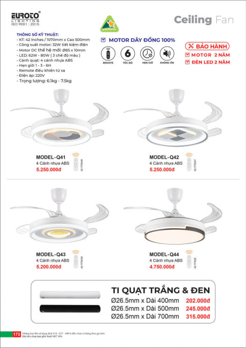 Quạt trần Euroto MODEL-Q41, MODEL-Q42, MODEL-Q43, MODEL-Q44