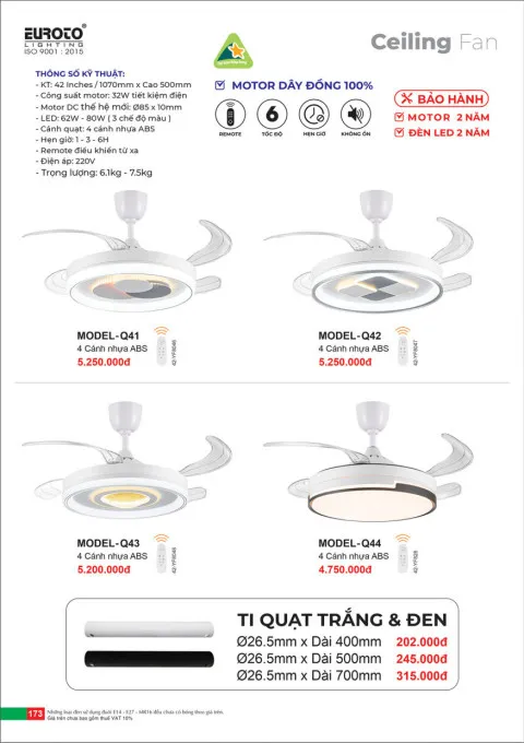 Quạt trần Euroto MODEL-Q41, MODEL-Q42, MODEL-Q43, MODEL-Q44