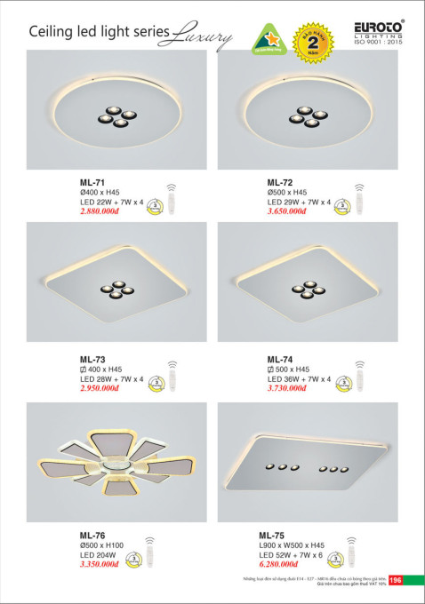 Đèn mâm led Euroto ML-71, ML-72, ML-73, ML-74, ML-75, ML-76