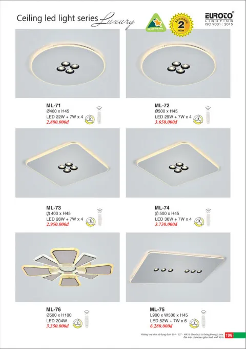 Đèn mâm led Euroto ML-71, ML-72, ML-73, ML-74, ML-75, ML-76